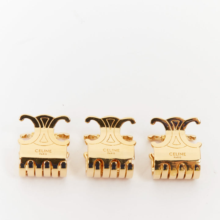 CELINE Triomphe Trios gold tone metal logo insignia hair claws clips Set of 3