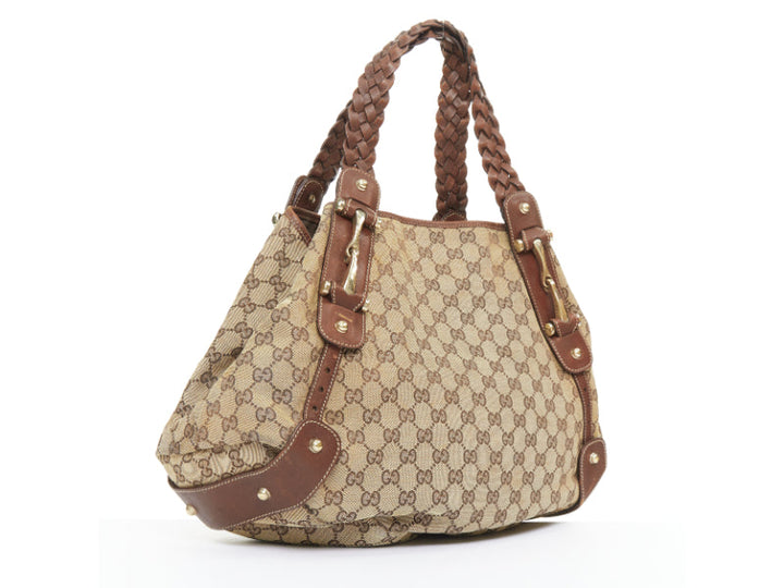 GUCCI Pelham Vintage beige GG monogram canvas brown braided handle boho bag