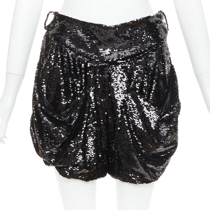 ALEXANDRE VAUTHIER COUTURE black sequinned draped front pocketed bubble shorts