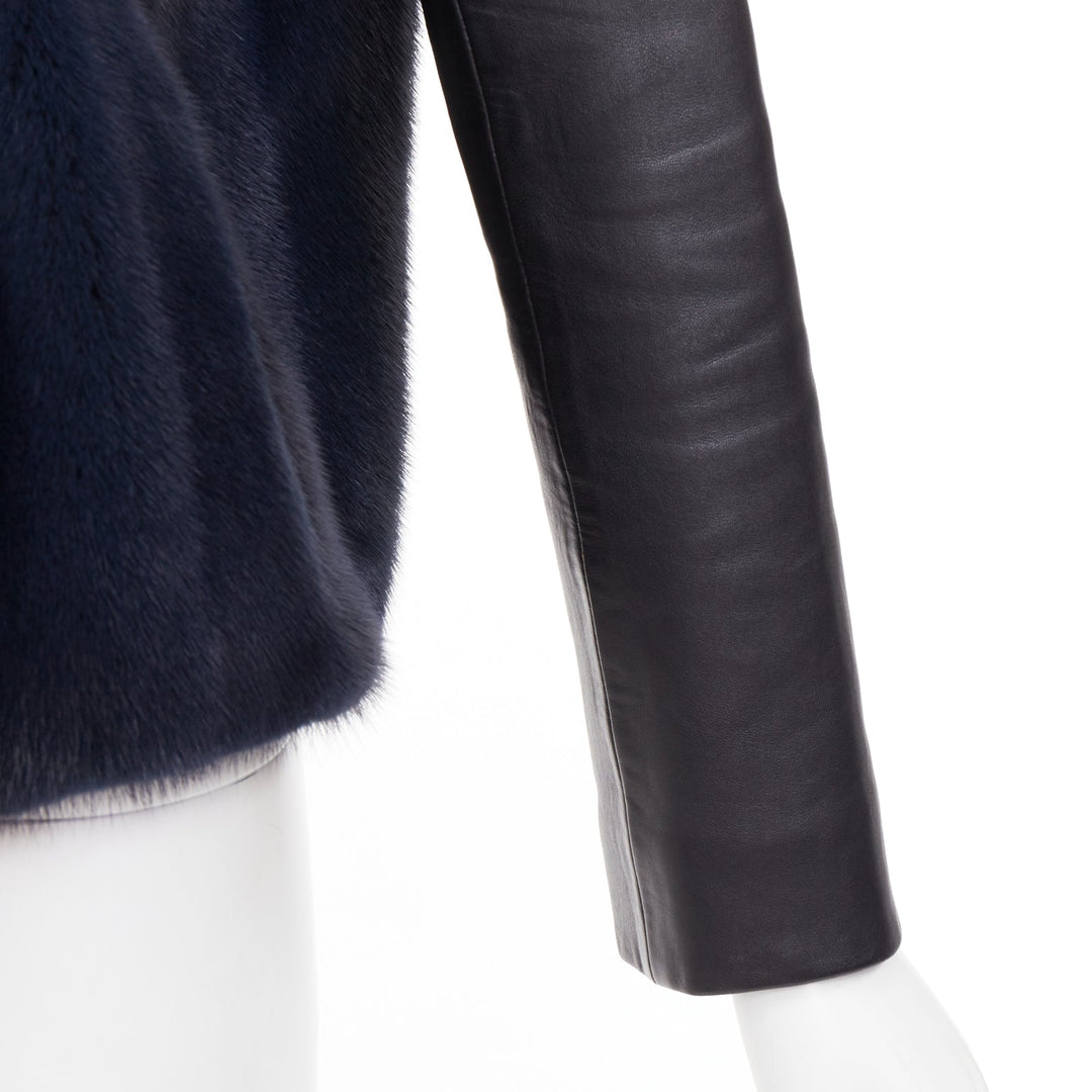 CHRISTIAN DIOR navy natural fur black soft leather sleeve silk lined jacket