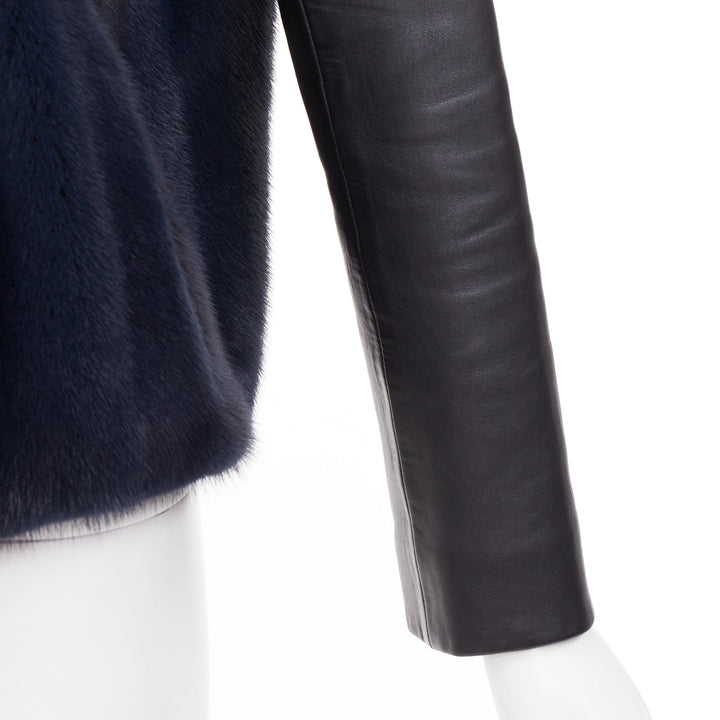 CHRISTIAN DIOR navy natural fur black soft leather sleeve silk lined jacket