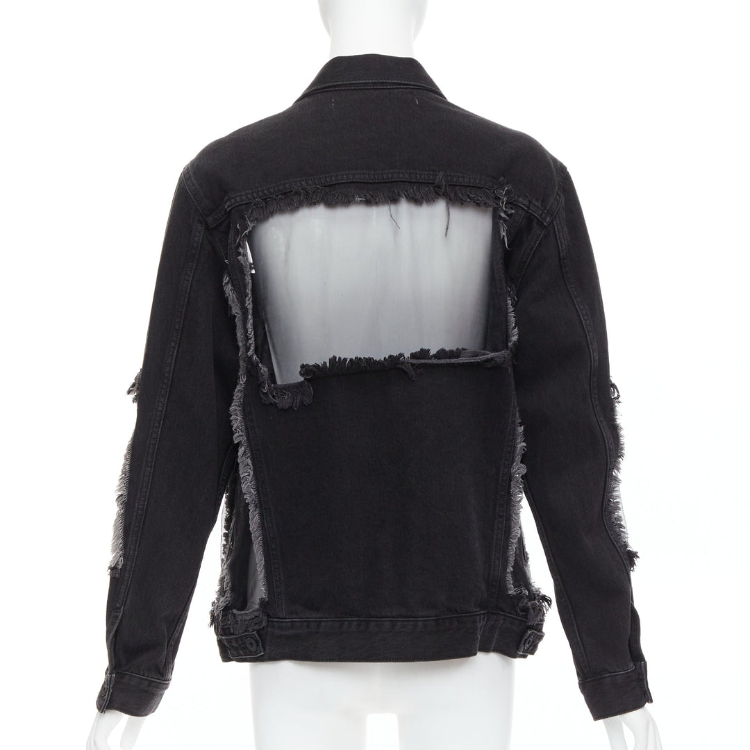 OFF WHITE black denim organza mesh panel frayed jacket XS