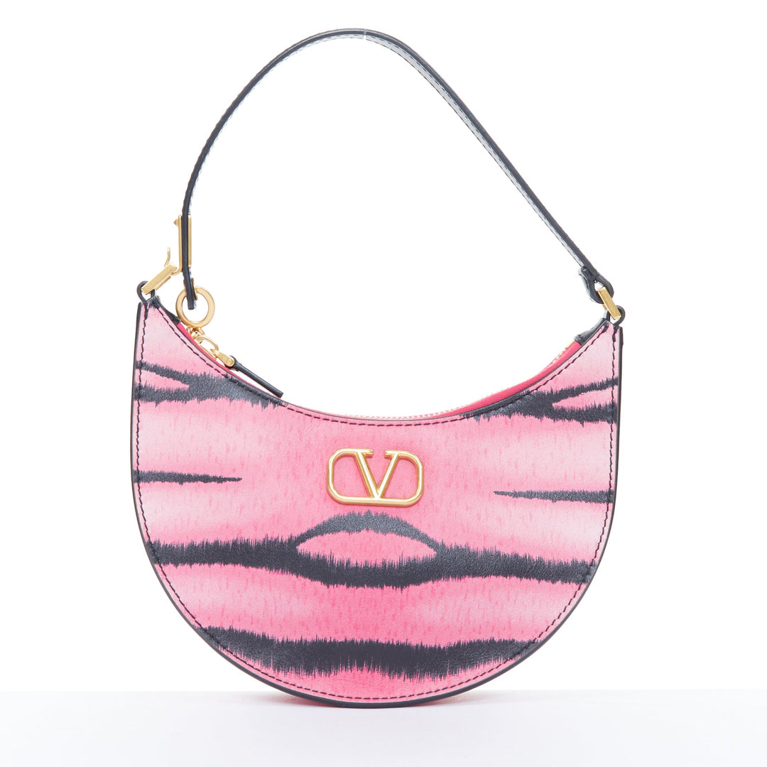 VALENTINO 2022 Tiger 1967 pink black animal print calfskin hobo moon bag
