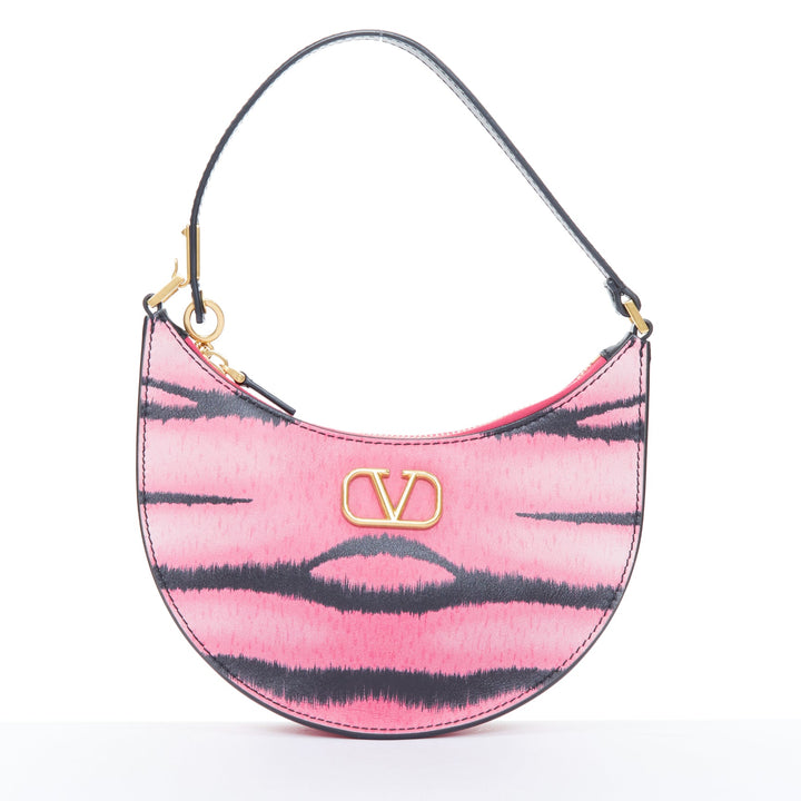 VALENTINO 2022 Tiger 1967 pink black animal print calfskin hobo moon bag