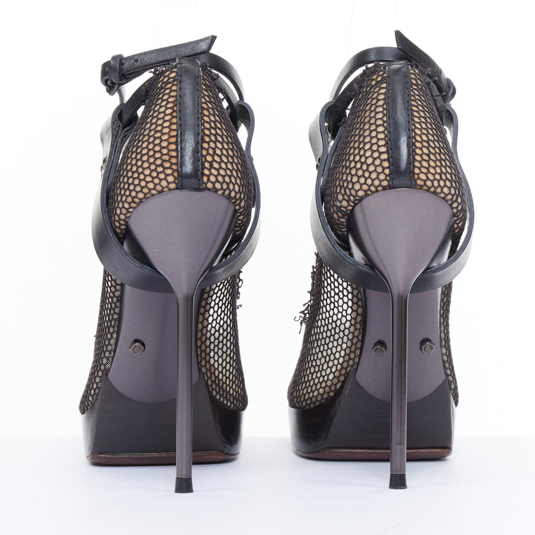 LANVIN 2011 Runway black fishnet mesh ankle harness pin platform heels EU37