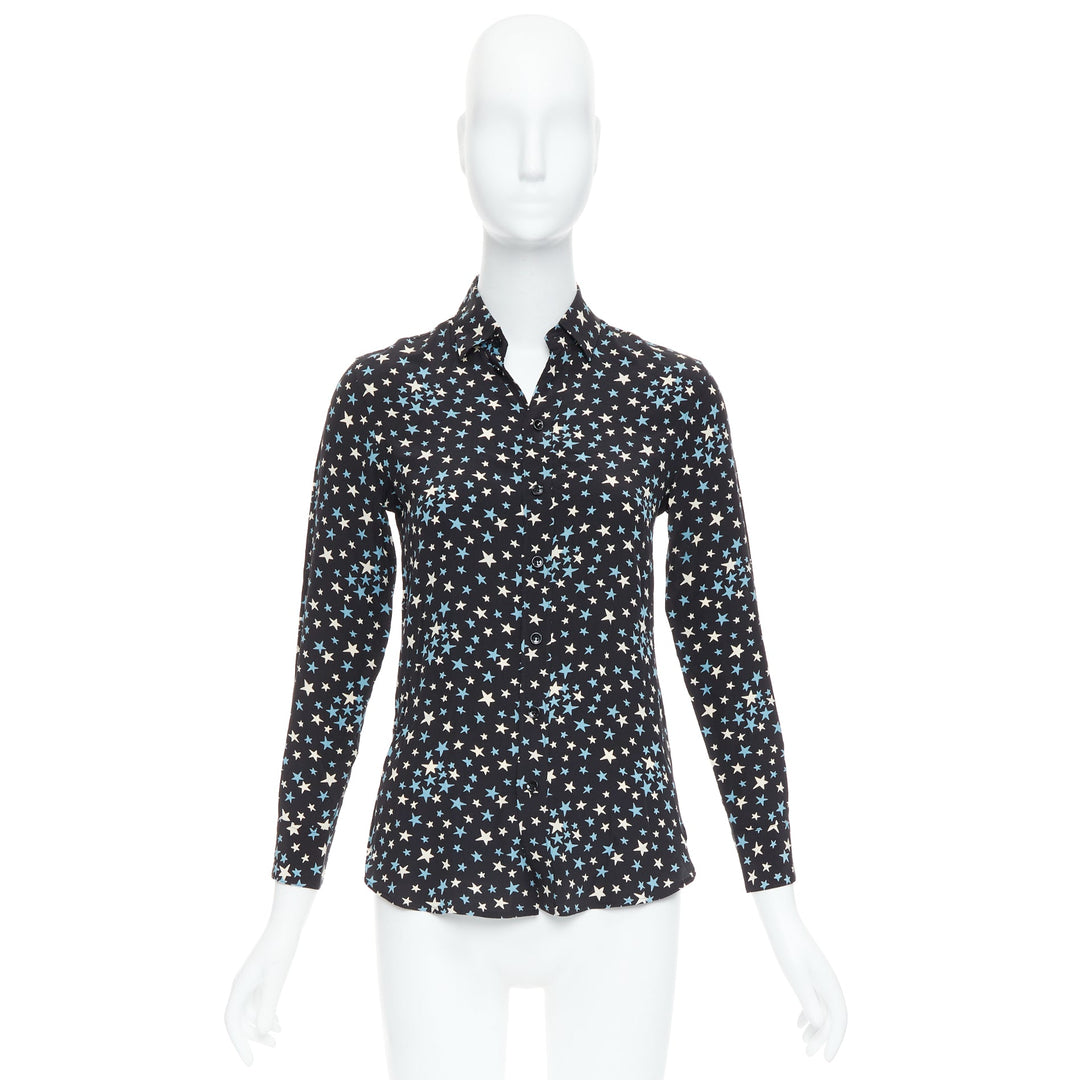 SAINT LAURENT 2016 100% silk blue black white star print shirt FR34 XS