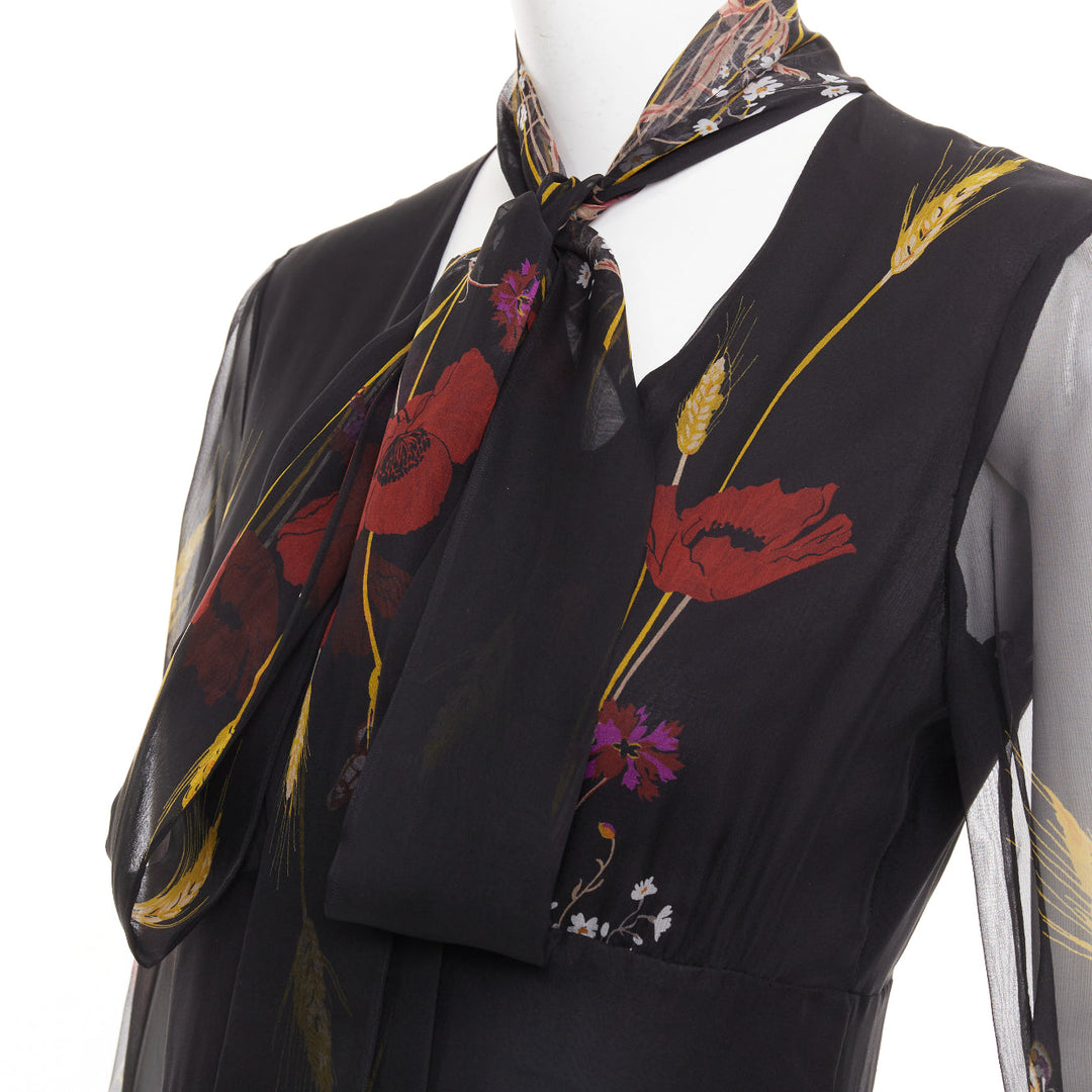 VALENTINO 2019 100% silk black Poppy Meadow chiffon tie neck midi dress IT40 S