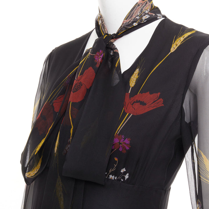 VALENTINO 2019 100% silk black Poppy Meadow chiffon tie neck midi dress IT40 S