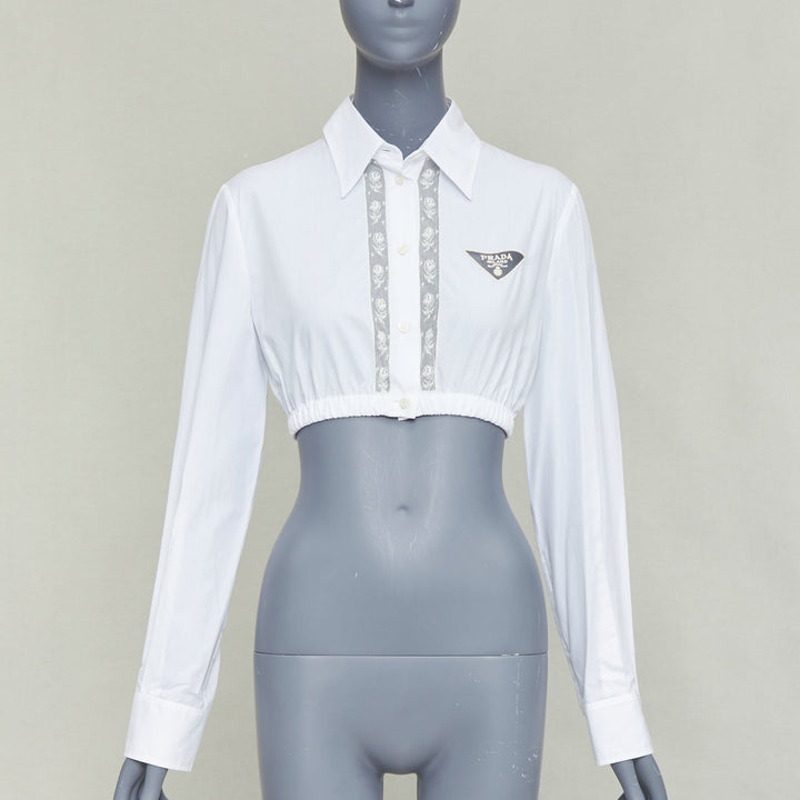 PRADA 2022 white cotton cream lace trim hollow logo cropped shirt IT38 XS