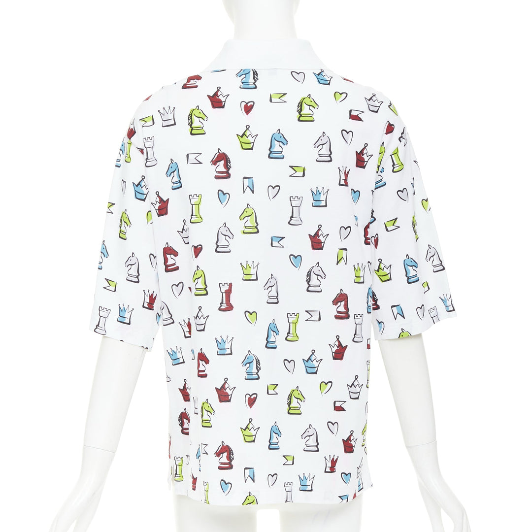HERMES 2022 white multicolor animal chess print playgrounds cotton polo shirt S
