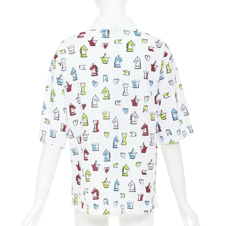 HERMES 2022 white multicolor animal chess print playgrounds cotton polo shirt S
