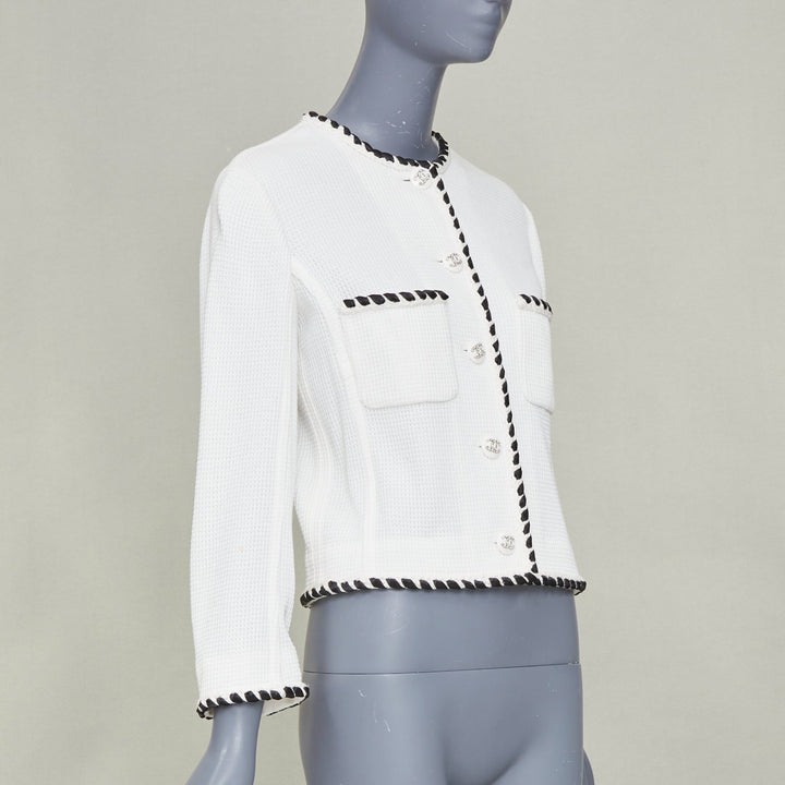 CHANEL 2021 Cruise white twist braid waffle knit crystal button jacket FR34 XX