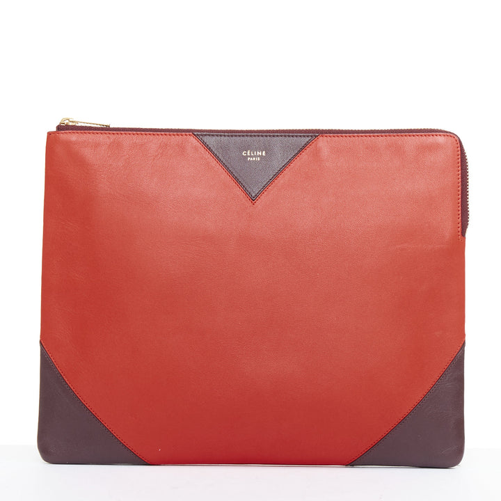 OLD CELINE Phoebe Philo red brown leather bicolour top zip pouch clutch bag
