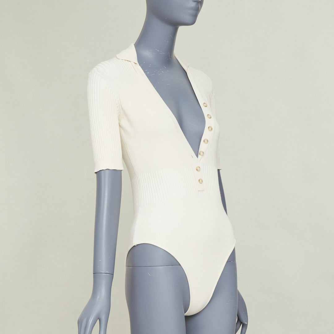 JACQUEMUS Le Body Yauco ivory viscose blend ribbed knit polo bodysuit top FR36 S