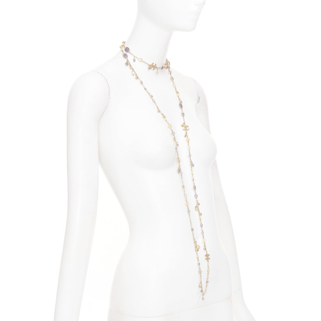 CHANEL B12C beige grey CC logo resin crystal gold chain sautoir long necklace