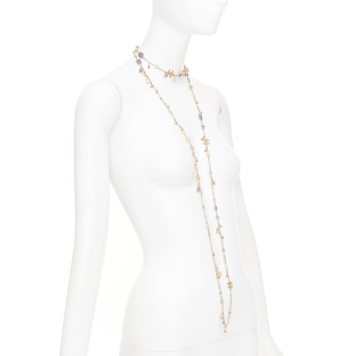 CHANEL B12C beige grey CC logo resin crystal gold chain sautoir long necklace
