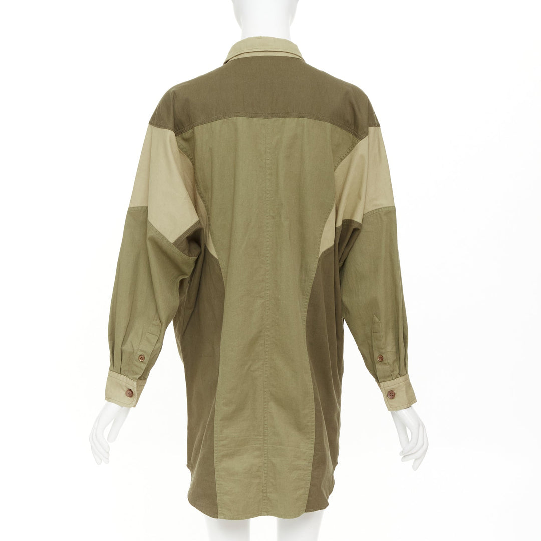 ISABEL MARANT ETOILE khaki green cotton patchwork batwing shirt dress FR36 S