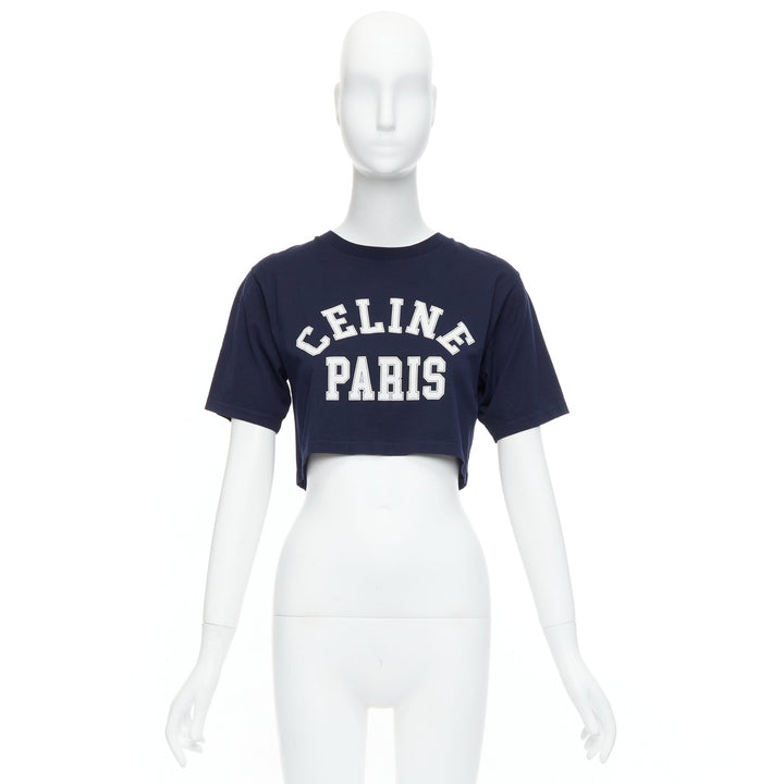 CELINE navy white big varsity Paris logo boxy crew neck crop tshirt XS