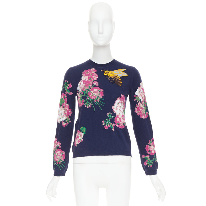 GUCCI 2017navy wool Floral  Bee needlepoint embroidery sweater XS
