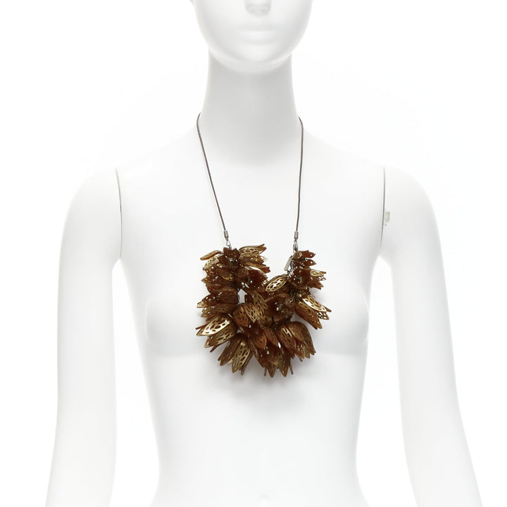 rare BURBERRY brown acetate metal 3D flowers black coated rope necklace