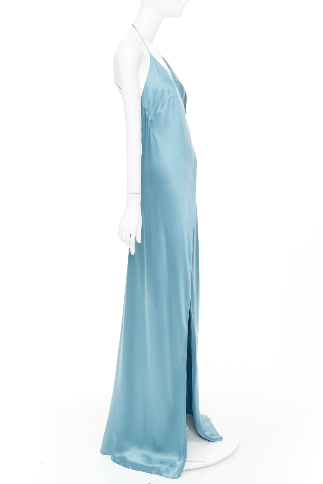 MICHELLE MASON teal blue 100% silk strappy cowl wrap high slit gown dress US4 S