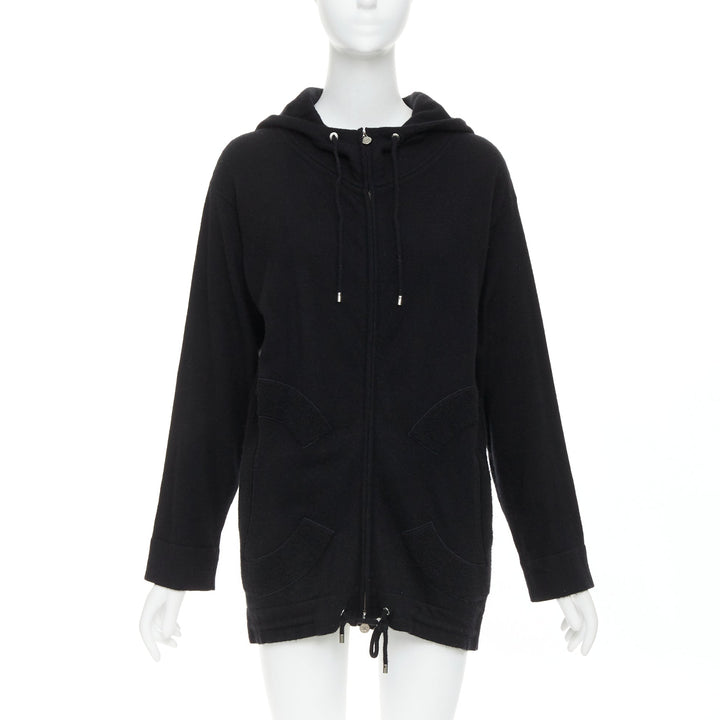 CHANEL 2015 Karl Lagerfeld 100% cashmere black double CC pockets hoodie FR34 XS