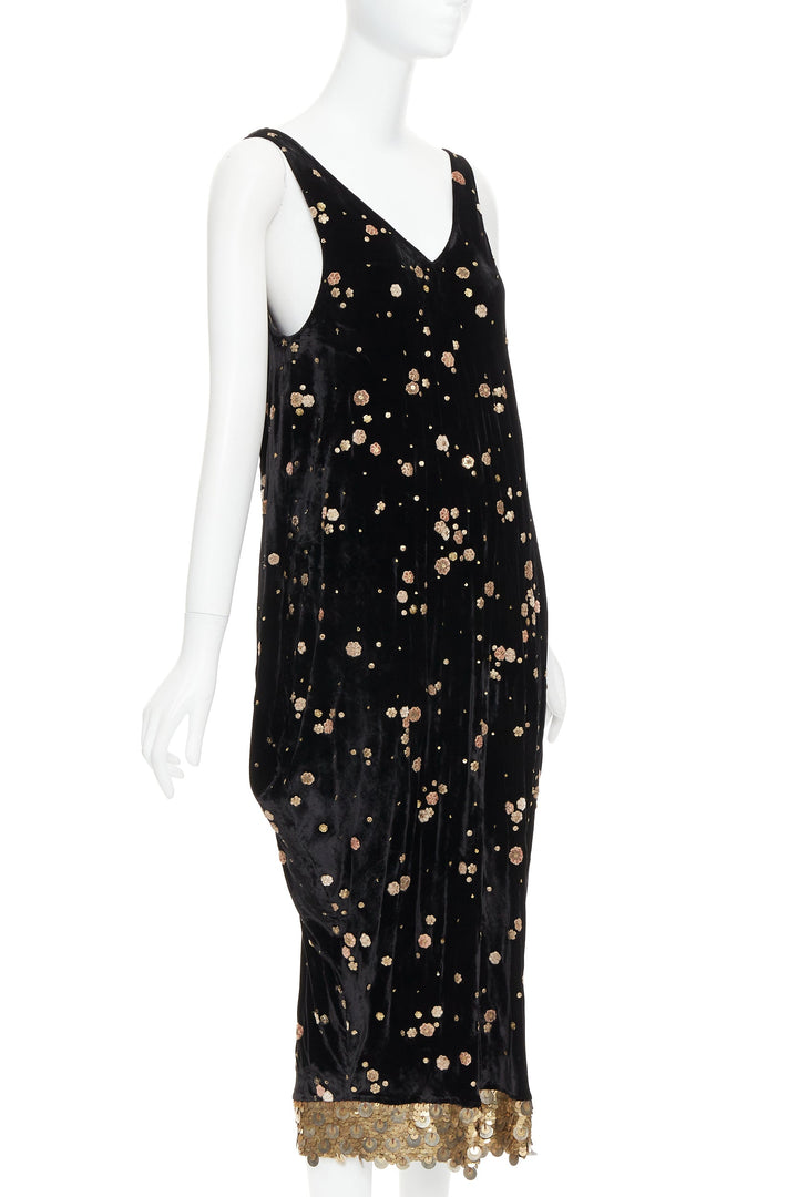 SABYASACHI black velvet gold floral applique sequins drape V neck dress S