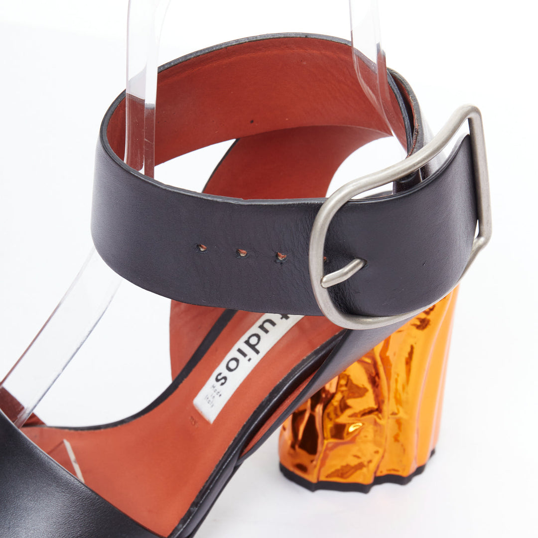 ACNE STUDIOS Obin metallic orange bark heel black leather sandals EU37