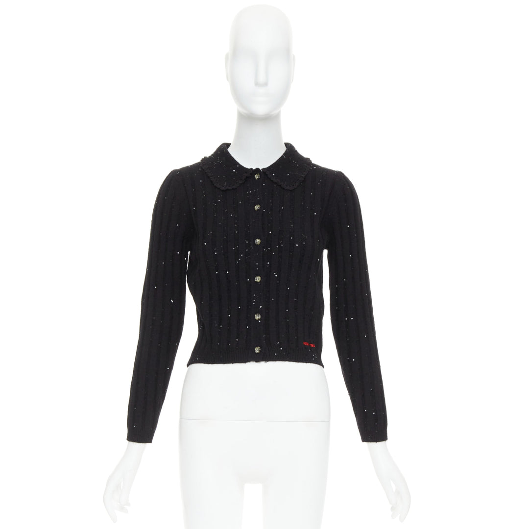 SHUSHU TONG black sequins wool cotton blend logo crop cardigan UK6 XS