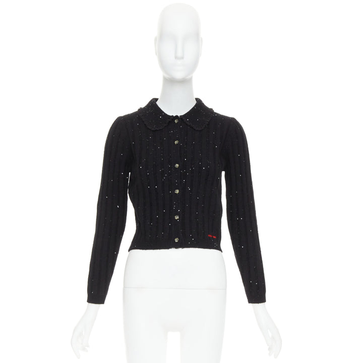 SHUSHU TONG black sequins wool cotton blend logo crop cardigan UK6 XS