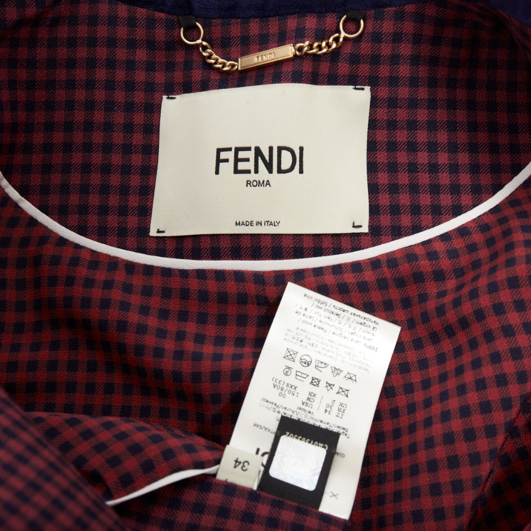 FENDI burgundy wool checkered purple velvet collar double breast blazer IT34 XS