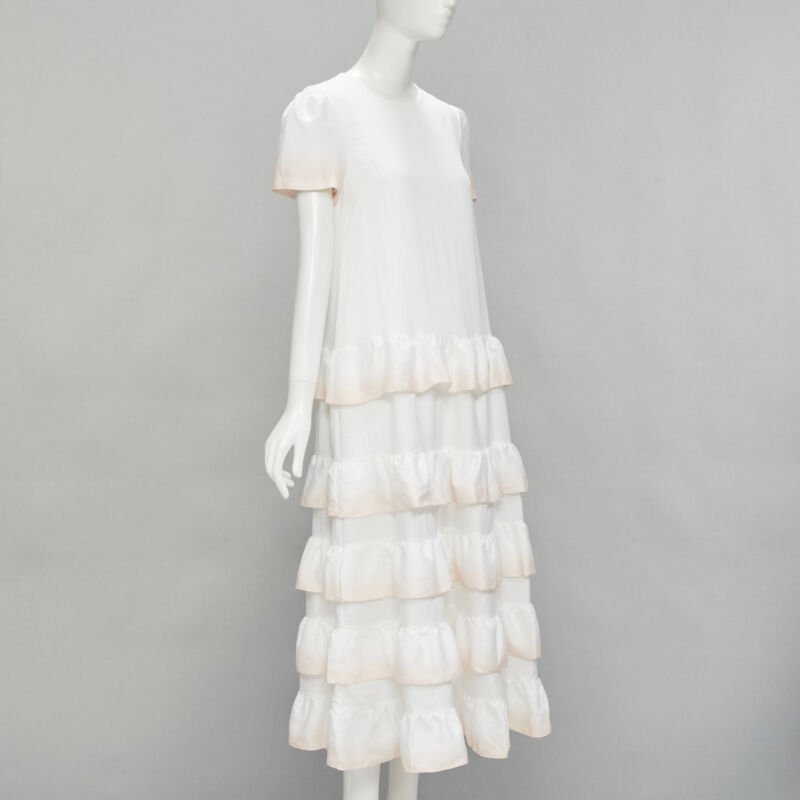 MAJE white pink dip dye ruffle petal tiered midi dress FR38 M