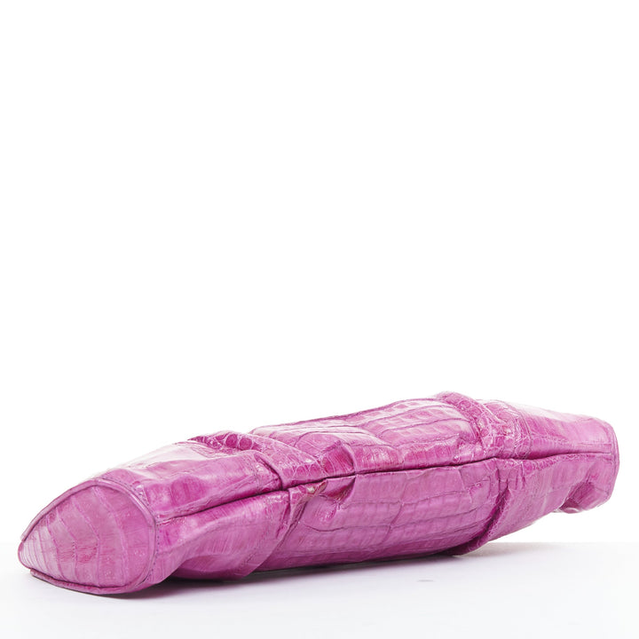 NANCY GONZALEZ magenta purple scaled leather pleated magnet long clutch bag