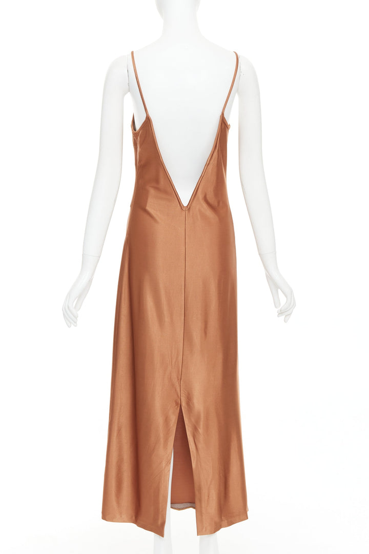 GALVAN Sahara cinnamon brown dipped open back satin dress FR40 M