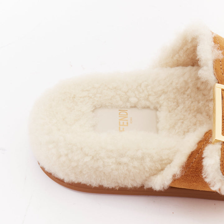 FENDI Feel tan brown suede shearling gold FF buckle sandal slides EU38
