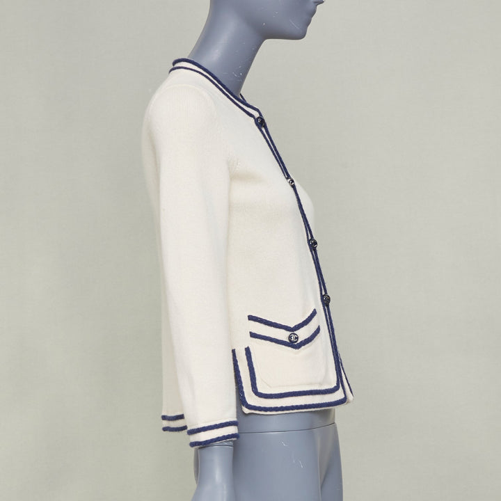 CHANEL 2015 ivory navy blue contrast trim rib pocket cashmere cardigan FR34 XS