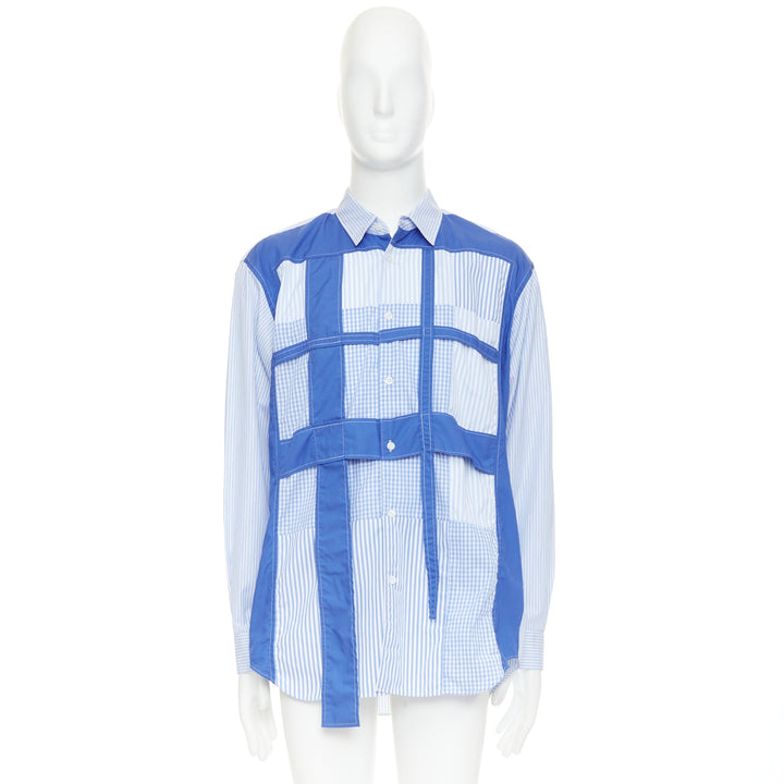COMME DES GARCONS SHIRT blue cotton cage applique patchwork shirt L