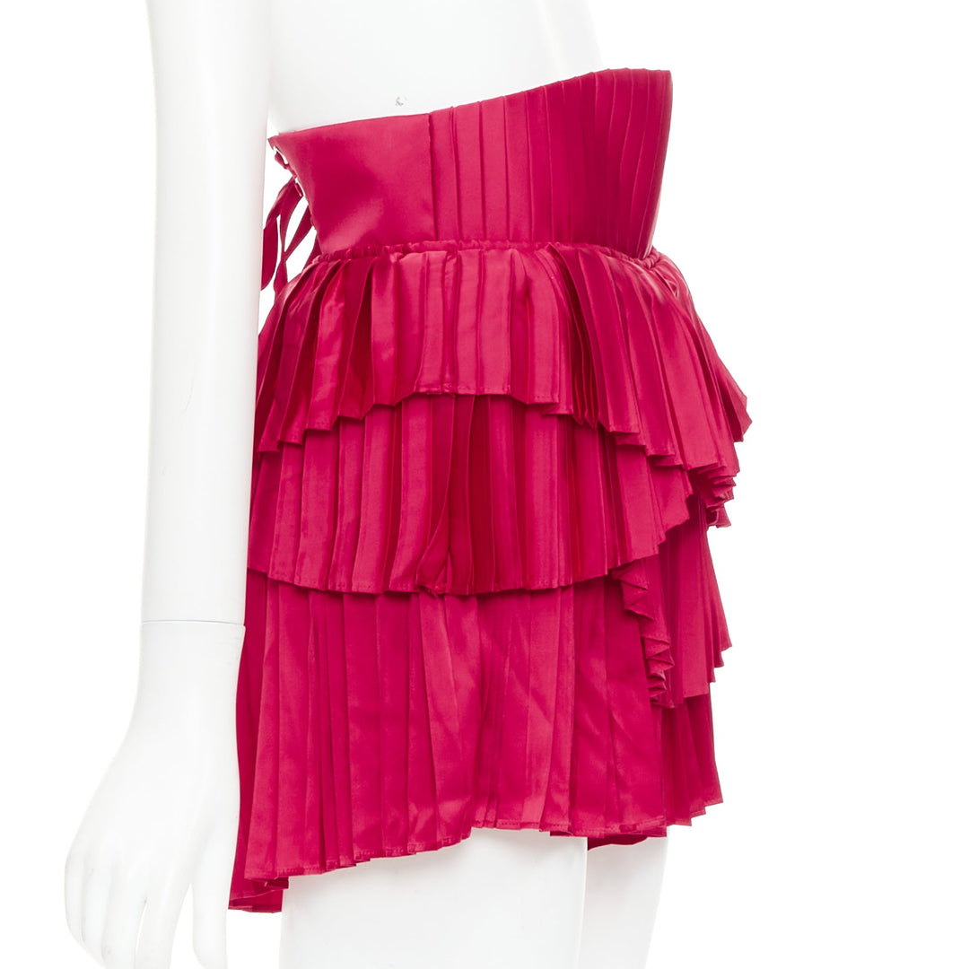 ANDREA IYAMAH Hibi red satin tiered laced corset pleated shorts XS