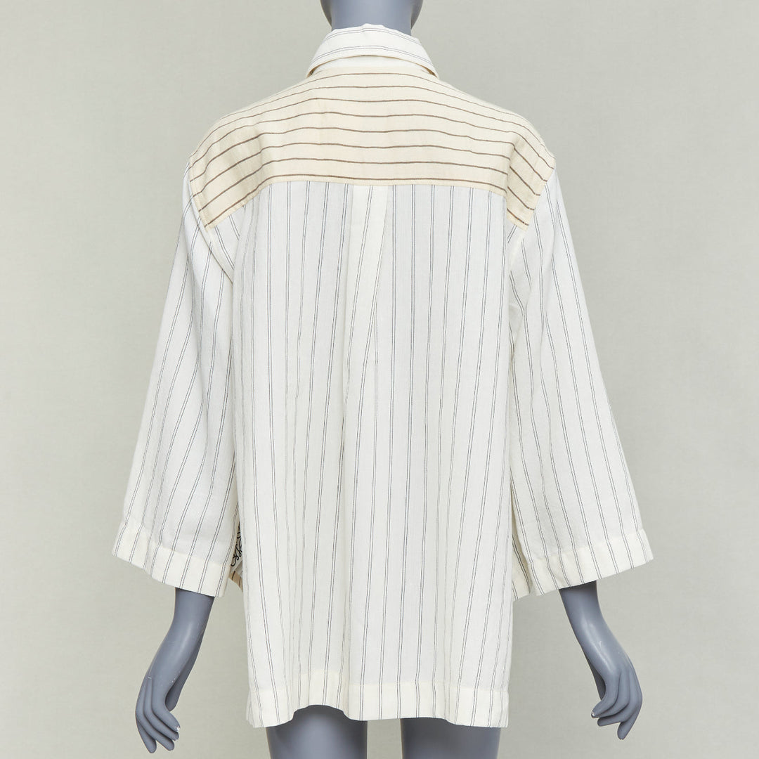 LOEWE JW ANDERSON cream cotton linen pinstripes boxy cropped shirt FR34 XS