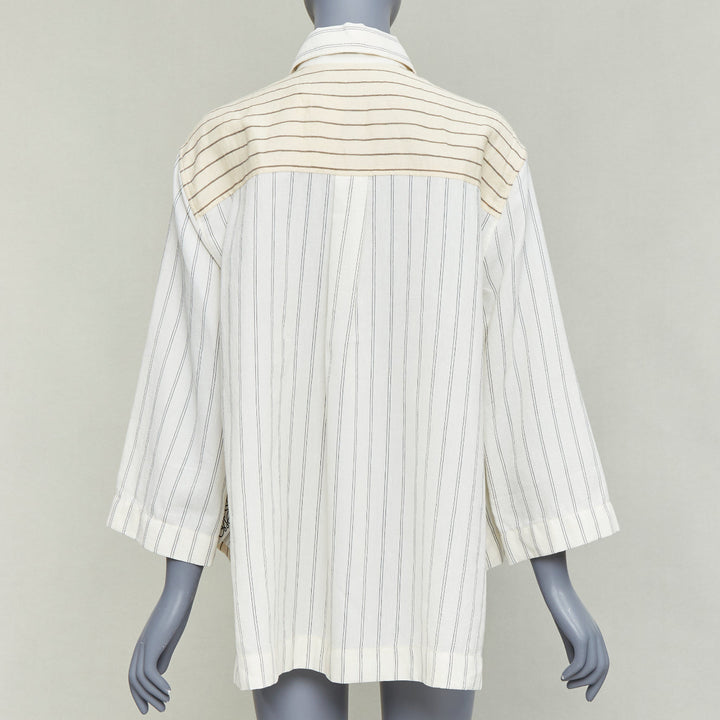 LOEWE JW ANDERSON cream cotton linen pinstripes boxy cropped shirt FR34 XS