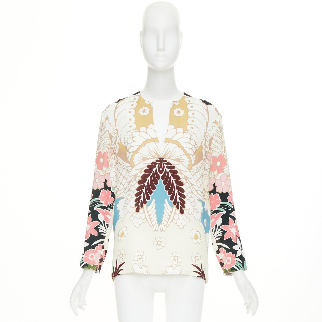 VALENTINO beige floral 18th century tapestry v neck tunic silk blouse IT36 XXS