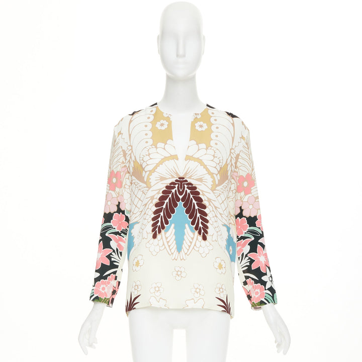 VALENTINO beige floral 18th century tapestry v neck tunic silk blouse IT36 XXS