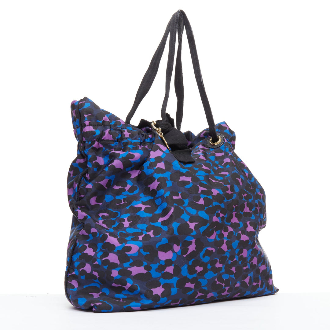 LANVIN blue purple leopard print black bow strap shoulder tote bag