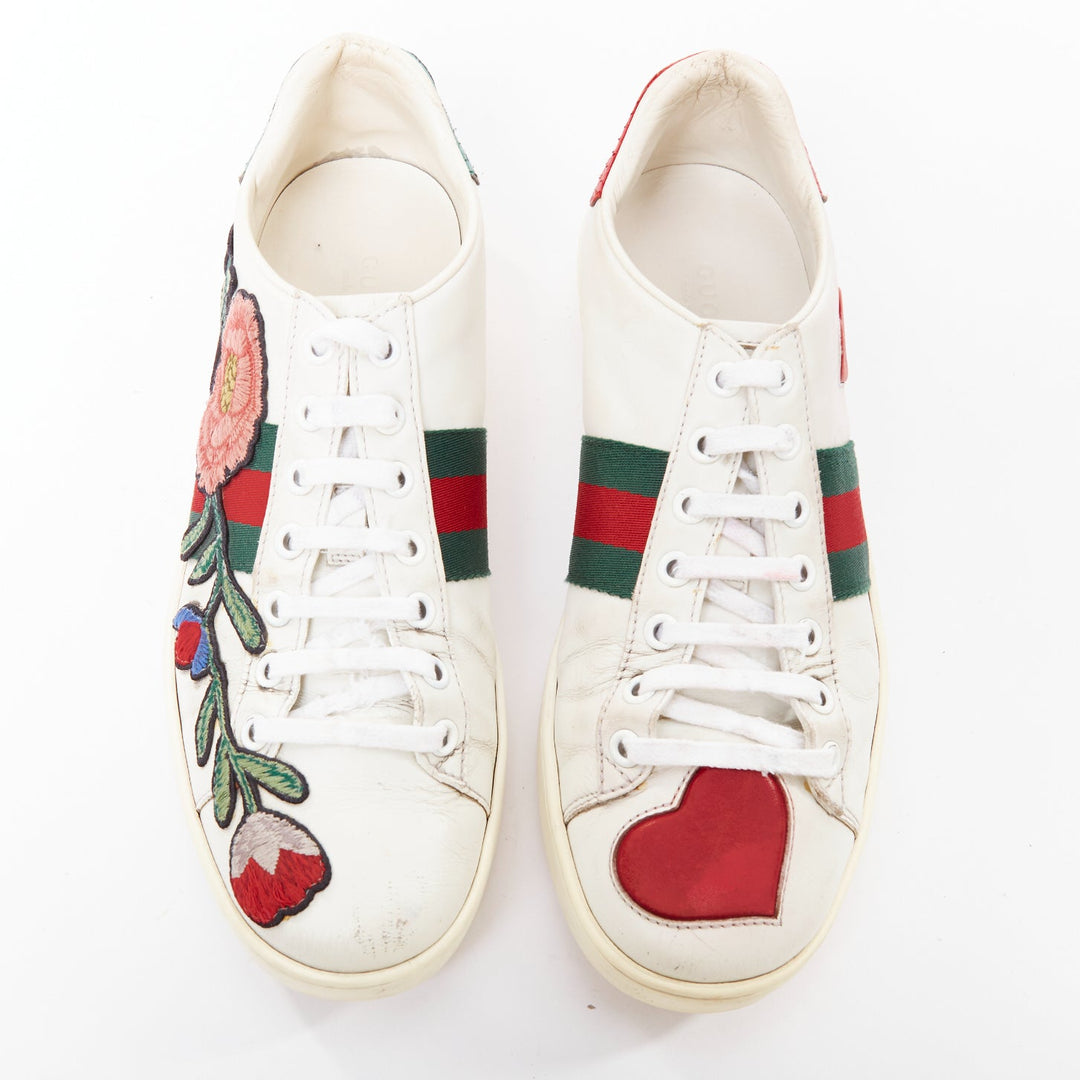 GUCCI Ace white leather pink floral embroidered patch sneakers EU37.5