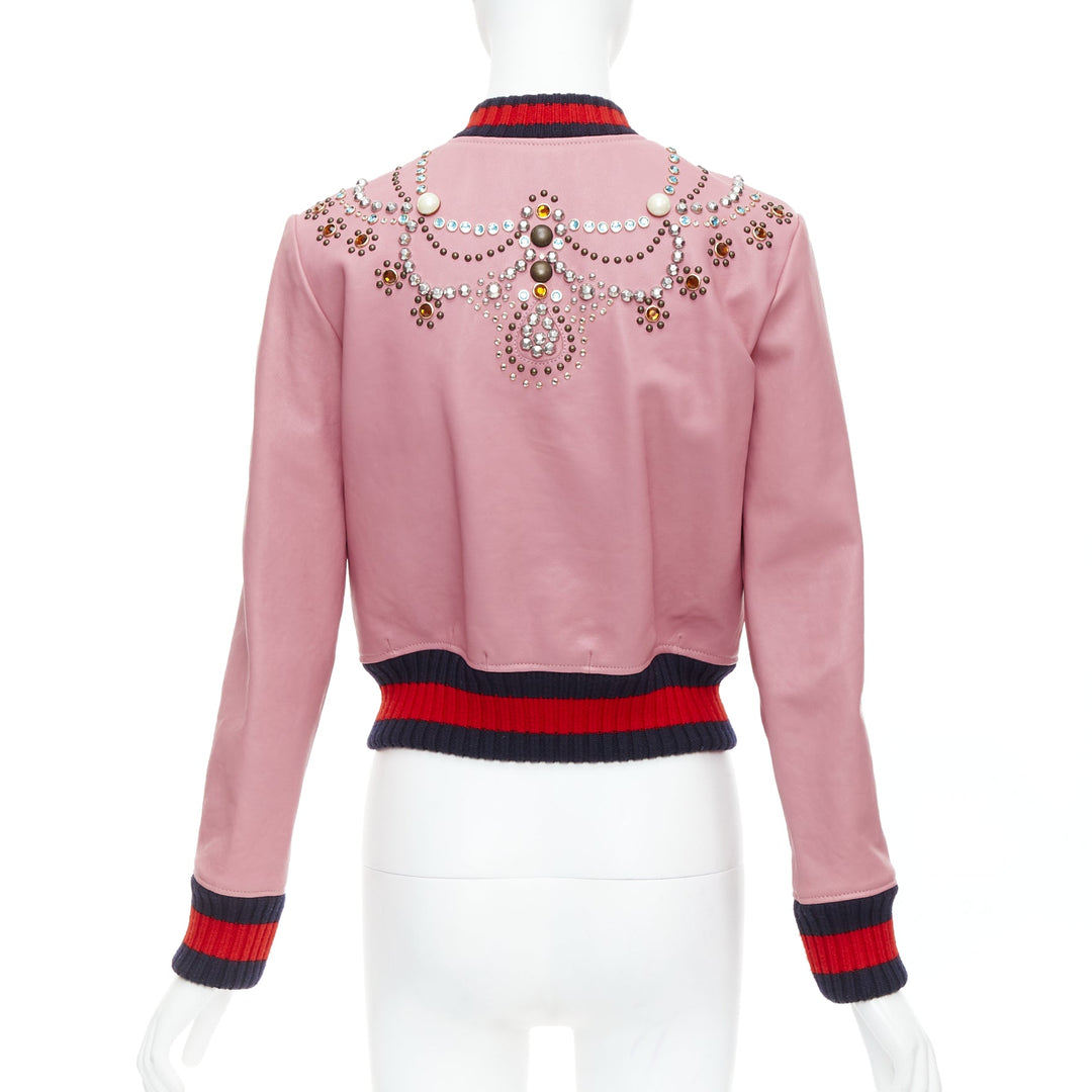 GUCCI pink lambskin pearl embellished web trim crop bomber IT40 S