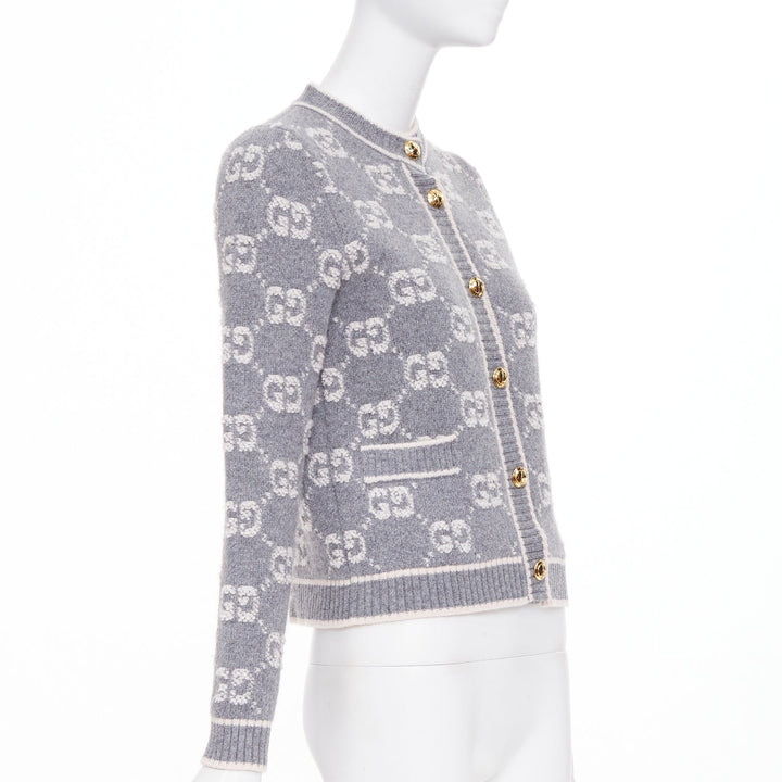 GUCCI 2021 grey cream GG Supreme jacquard boucle wool cardigan jacket IT40 S