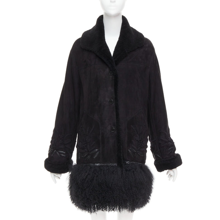 ERMANNO SCERVINO black multi sheep shearling leather embroidered coat IT40 S