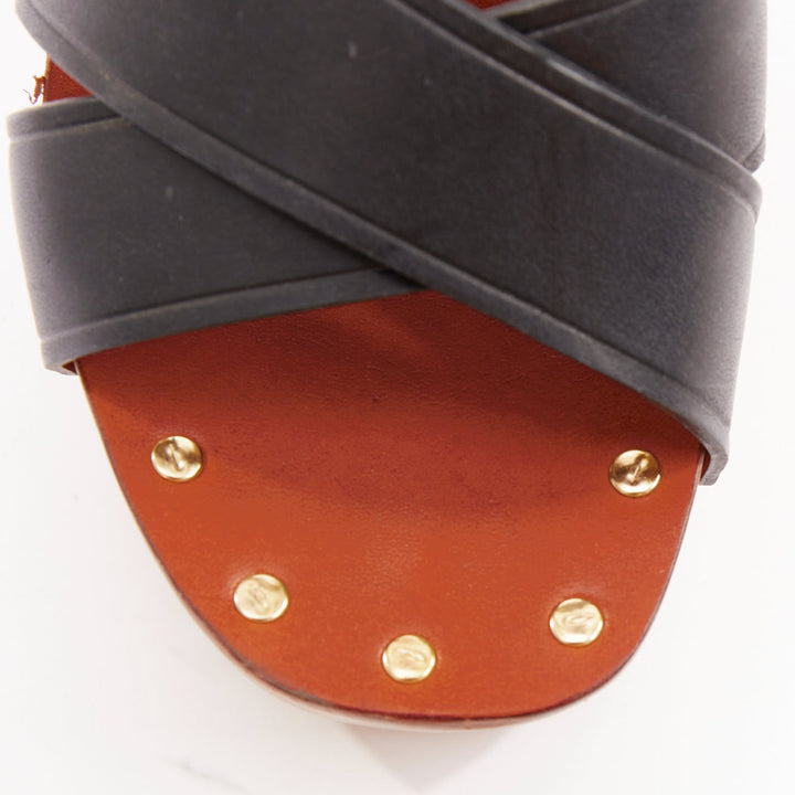 CELINE Phoebe Philo black brown calf wooden platform clog sandals EU37