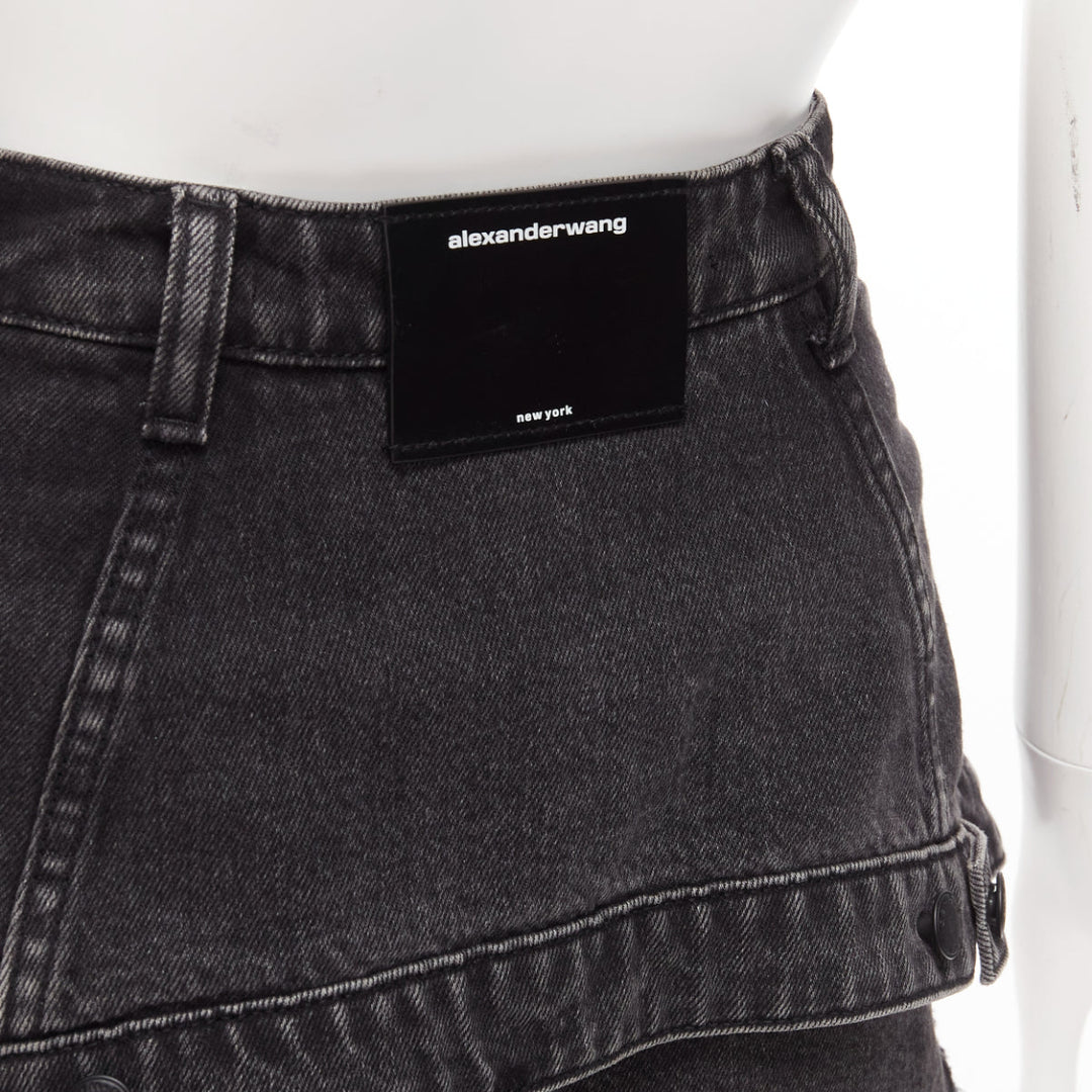 ALEXANDER WANG black washed cotton layered skort high waist cutaway shorts 25"