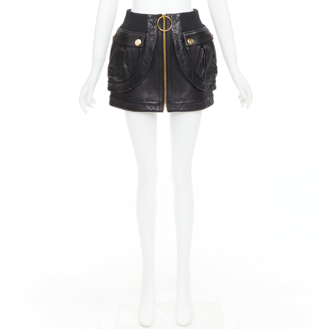 rare BALMAIN black lambskin leather gold B logo button bomber mini skirt FR34 XS